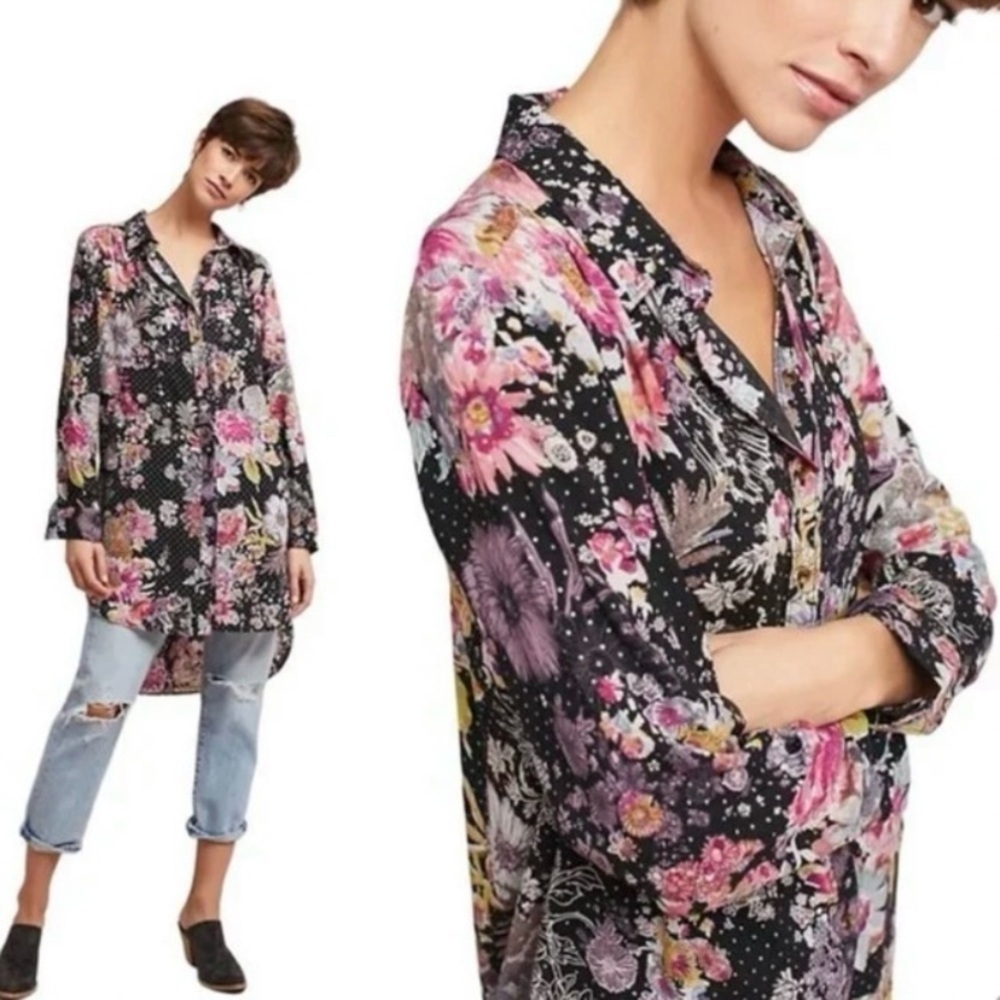 Maeve Anthropologie Floral Button Down With Shirttail Hem